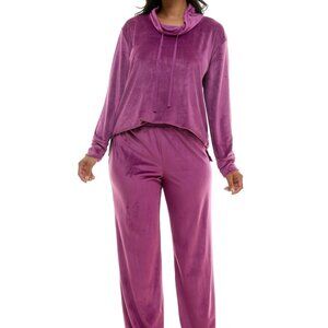 #1050 Roudelain Women's Long-Sleeve Hooded Velour Pajama Set - Dark Purpl